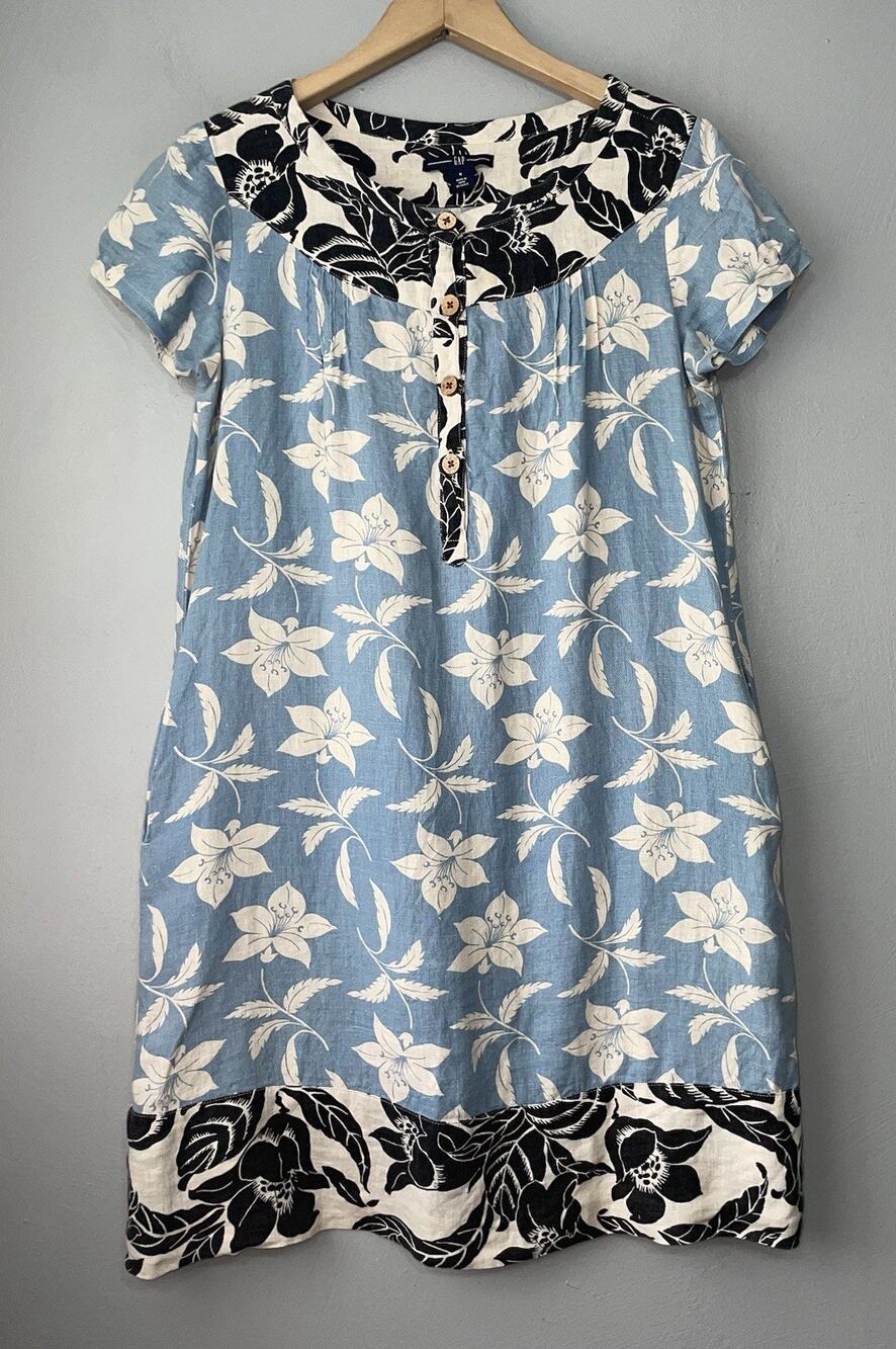 Gap Womens Size 6 Blue Floral 100% Linen Shift Dress Beach Coastal Resortwear